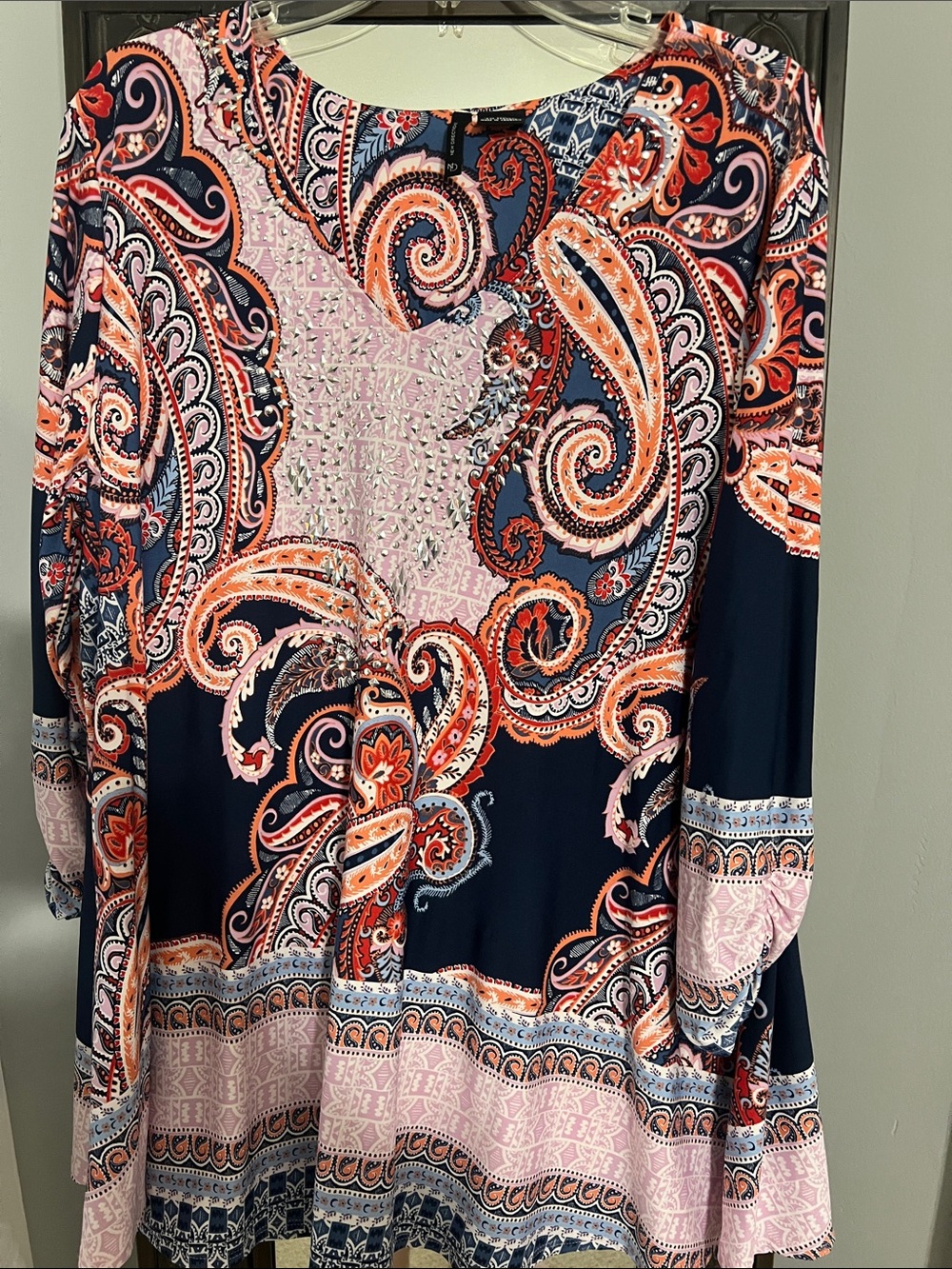 new directions Navy Paisley Tunic with Coral & Pink Accents